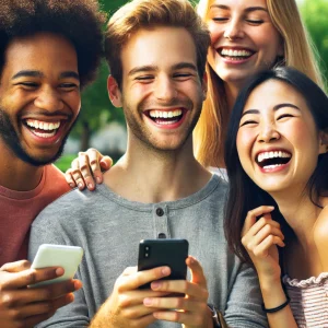 A cartoonish image of a diverse group of three people standing together, each looking at their smartphone and laughing joyfully. The group includes a Caucasian woman with long blonde hair, a Black man with short curly hair, and an Asian woman with shoulder-length straight black hair. They are all wearing casual clothing. The setting is a sunny park with green trees in the background.