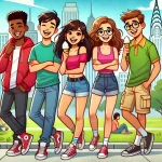 A cartoonish illustration of a diverse group of five teenagers hanging out in a city park.