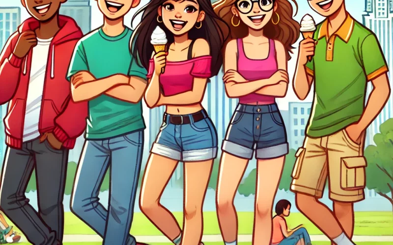 A cartoonish illustration of a diverse group of five teenagers hanging out in a city park.