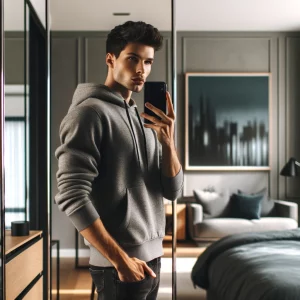 A young man taking a mirror selfie from the side in a contemporary bedroom.
