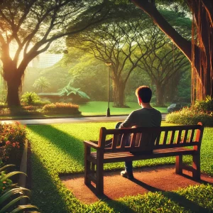 A peaceful scene of a man sitting alone on a bench in a park. The park is lush with green trees and colorful flowers.