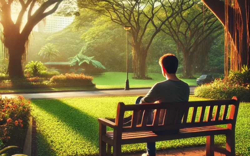 A peaceful scene of a man sitting alone on a bench in a park. The park is lush with green trees and colorful flowers.