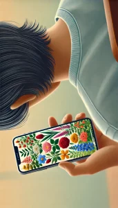 A digital painting of a person from the waist up, looking at their smartphone. The smartphone screen displays vibrant images of various flowers.