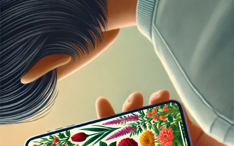 A digital painting of a person from the waist up, looking at their smartphone. The smartphone screen displays vibrant images of various flowers.