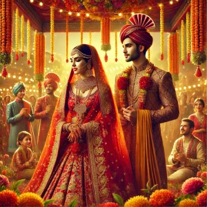 A vibrant scene of an Indian wedding, featuring a bride and groom in traditional attire.