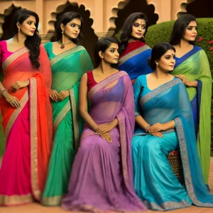 A calm and graceful scene depicting six South Asian women, each looking off to the side, wearing traditional sarees in various bright colors.