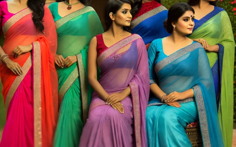 A calm and graceful scene depicting six South Asian women, each looking off to the side, wearing traditional sarees in various bright colors.