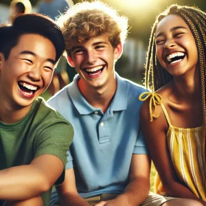 A joyful scene featuring three friends, two boys and one girl, laughing together in a relaxed outdoor setting.