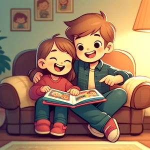 A cartoonish scene showing the bond of brother and sister. They are sitting together on a cozy couch.
