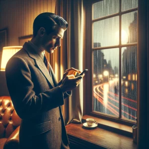 A vintage-style image of a man looking at his smartphone while standing near a window with rain visible outside.