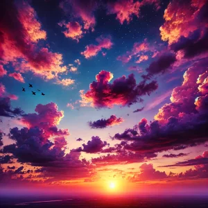 A stunningly beautiful sky, featuring a vivid sunset with a gradient of purple, orange, and pink hues.