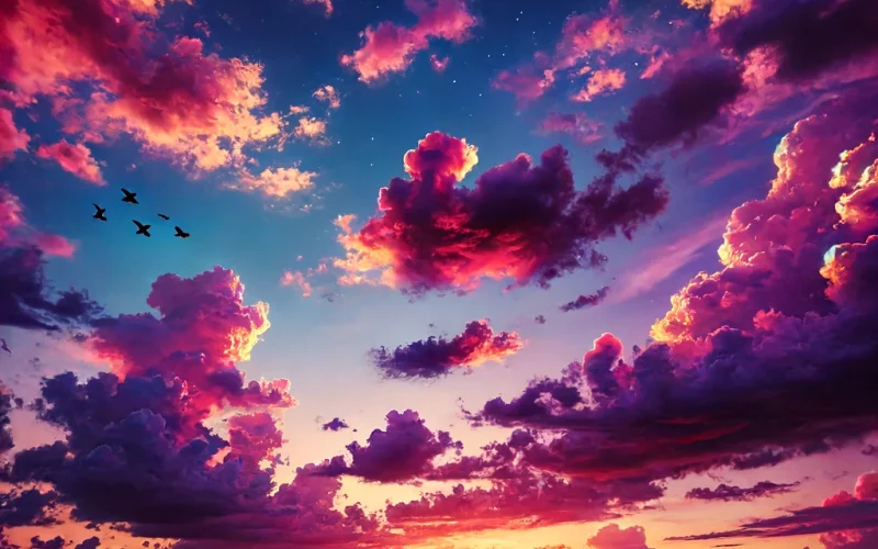 A stunningly beautiful sky, featuring a vivid sunset with a gradient of purple, orange, and pink hues.